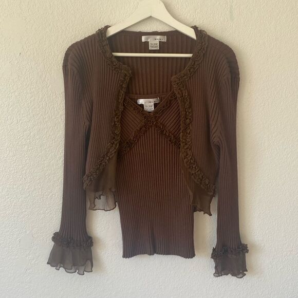 Vintage Y2k wd ny Brown Ribbed Long Sleeve Cardigan and Tank Top Set - Picture 1 of 6